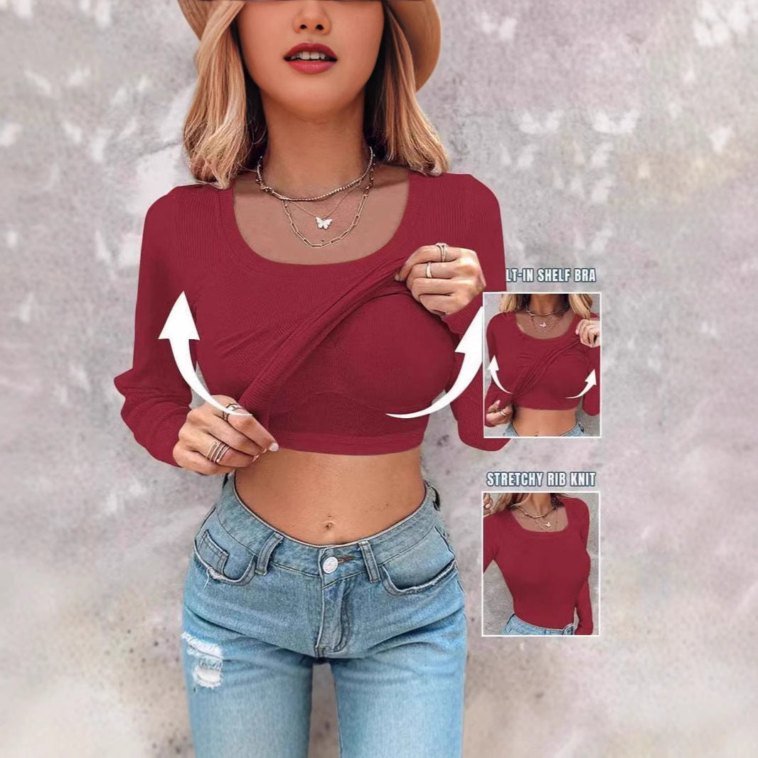 Modern croppad långärmad topp med inbyggd tanktopp