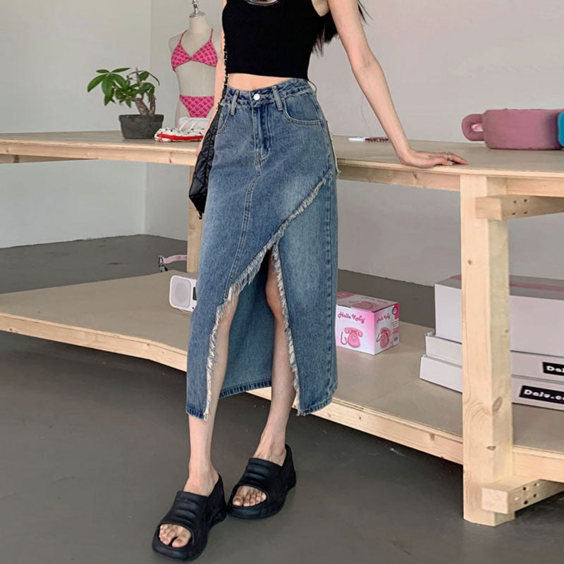 Asymmetrisk Denim Midi-Rock til Modebevidste Kvinder