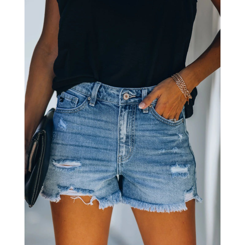 Kvinders Slidt Jeansshorts med Høj Talje og Flæset Kant