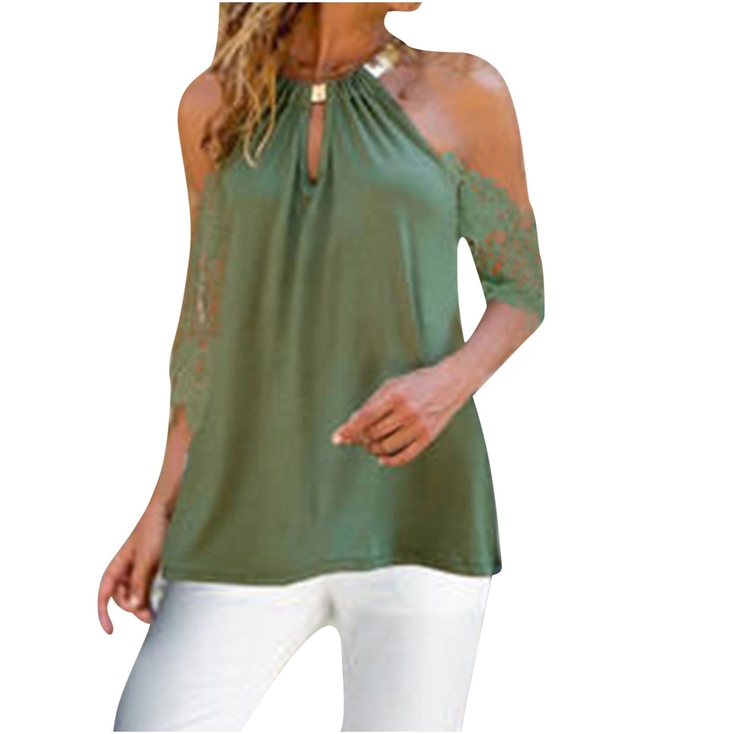Elegant Bluse med Unikke Udsparinger og Delikat Blonde