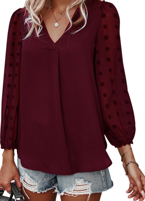 Elegant Bluse med Gennemsigtige Puffærmer og Prikket Design