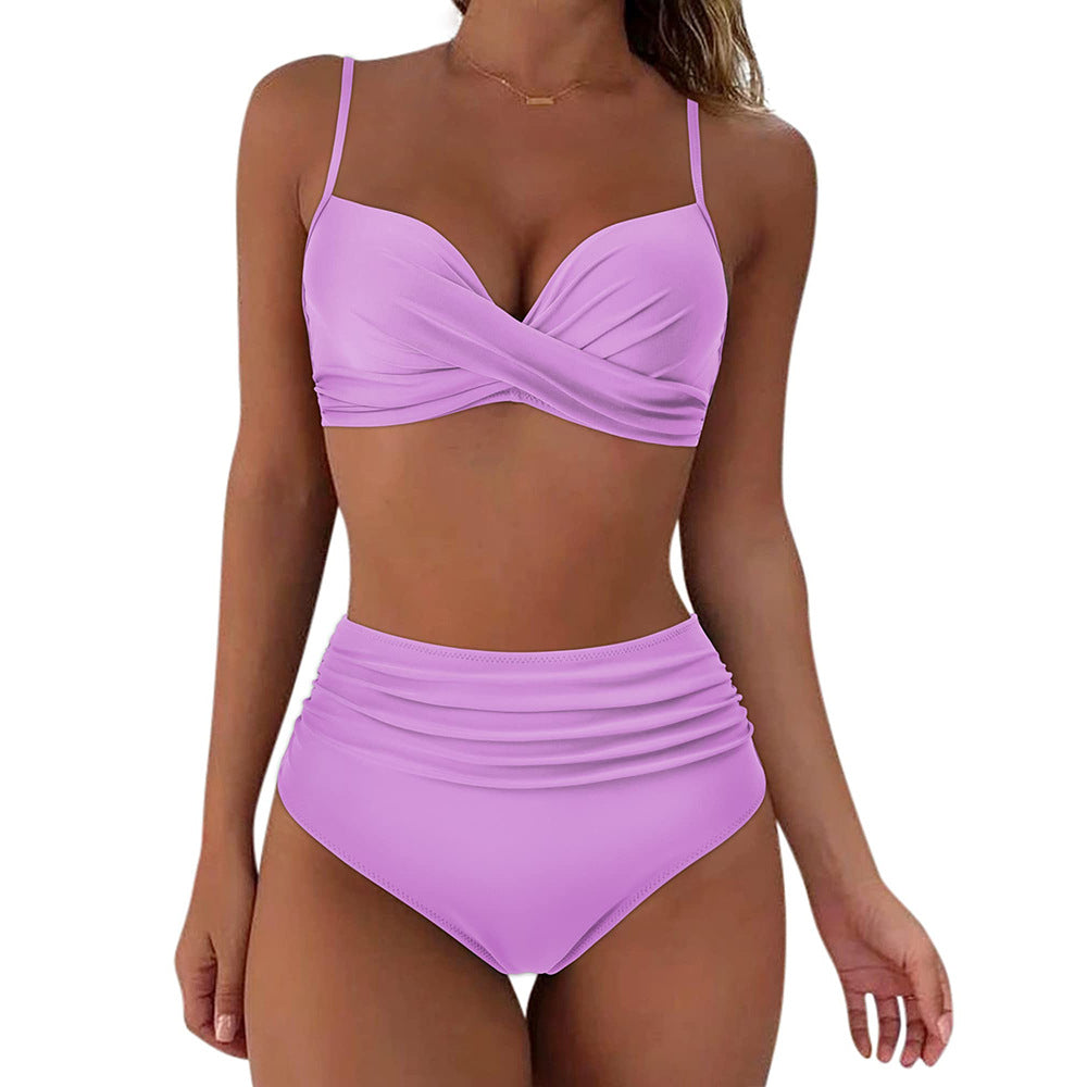 Högmidjad bikini-set för damer med mönster i tierdesign