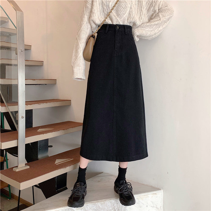 Stilfuld Midi-Denim Nederdel med Høj Talje