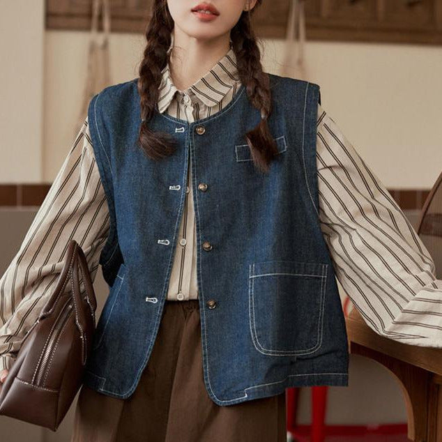 Stilfuld Denim Vest til Kvinder med Knapper og Lommer