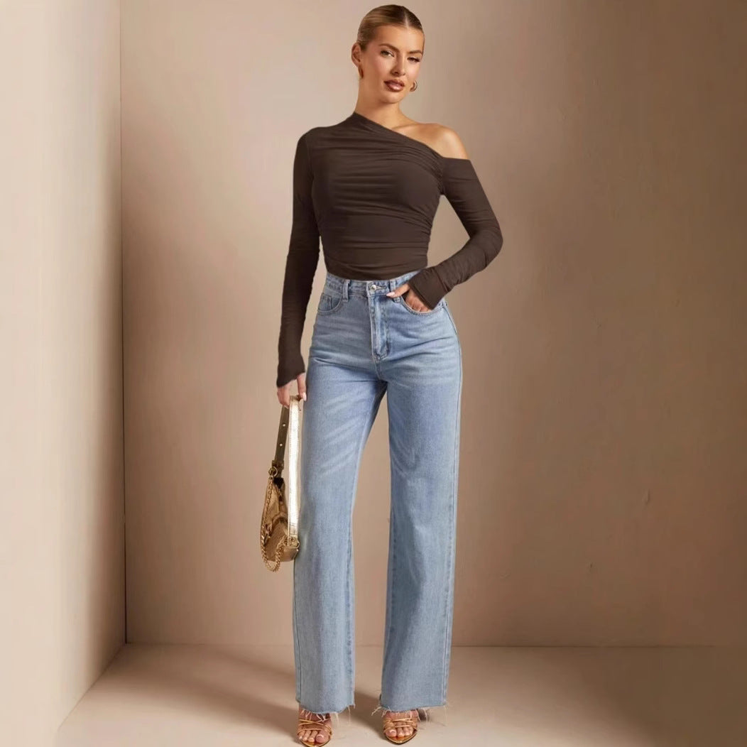 Asymmetrisk Body med Draperingar och Långa Ärmar
