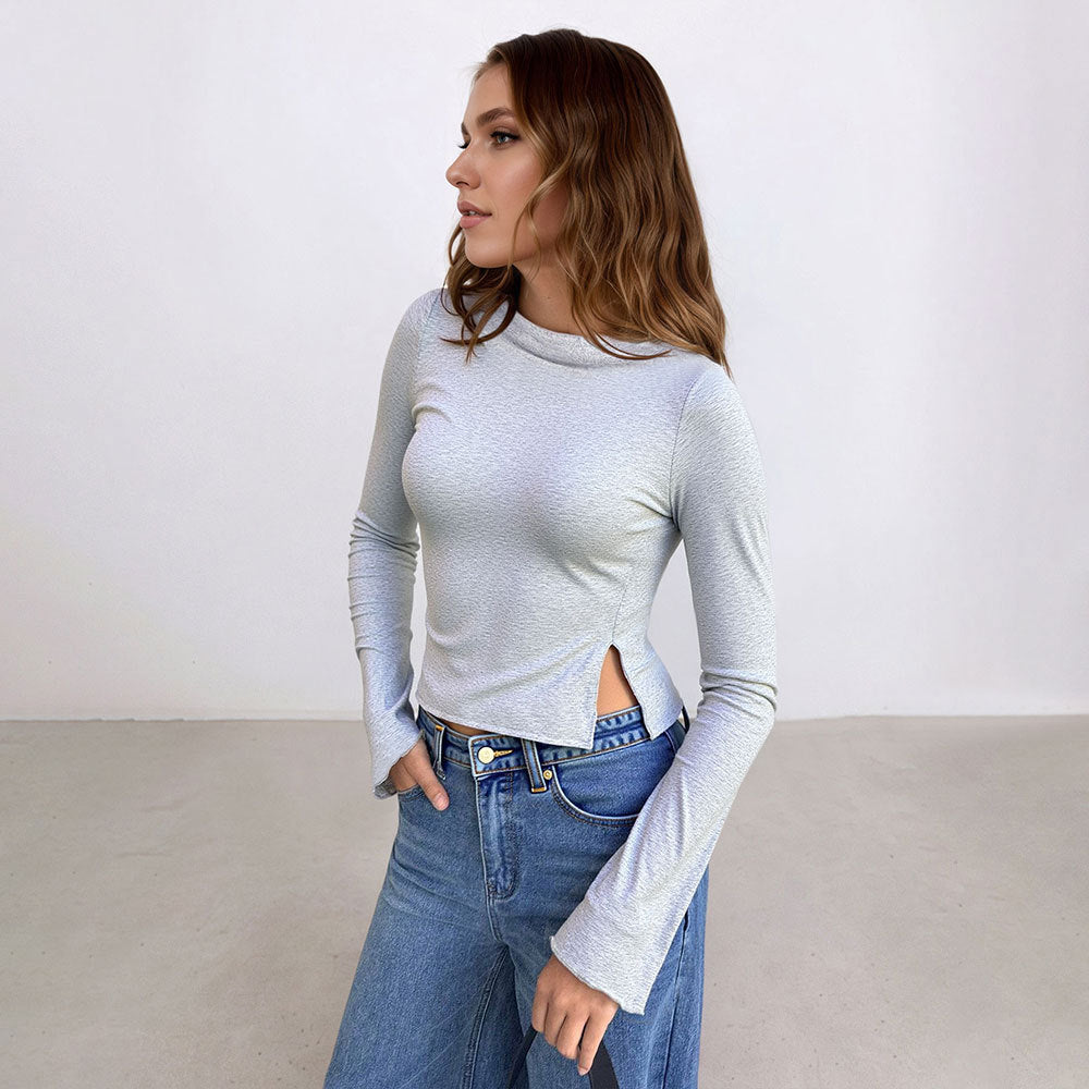 Moderne cropped langærmet skjorte med slidse og stilfuldt design