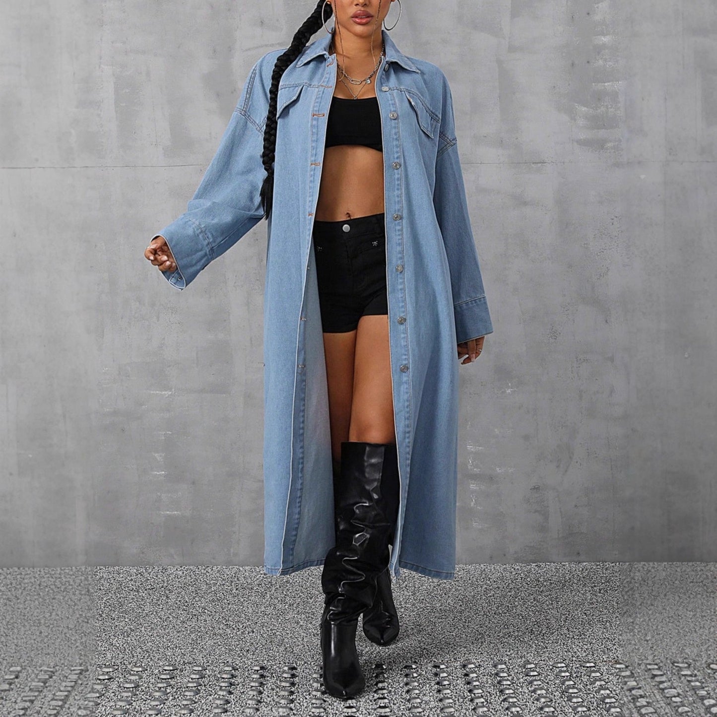 Stilfuld Denim-Maxi-Jakke til den Modebevidste Kvinde