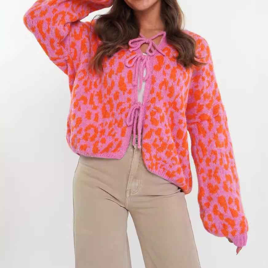 Elegant Cardigan med Dyreprint og Slidser i Bindebånd