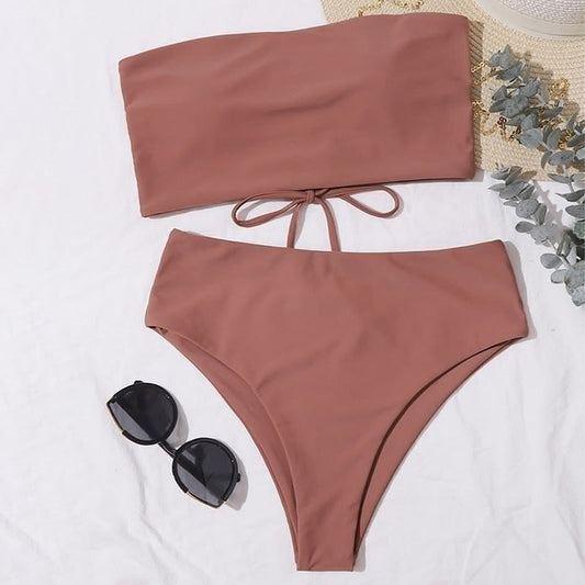 Stilrent Bikini-Set med bandeauöverdel och hög midja