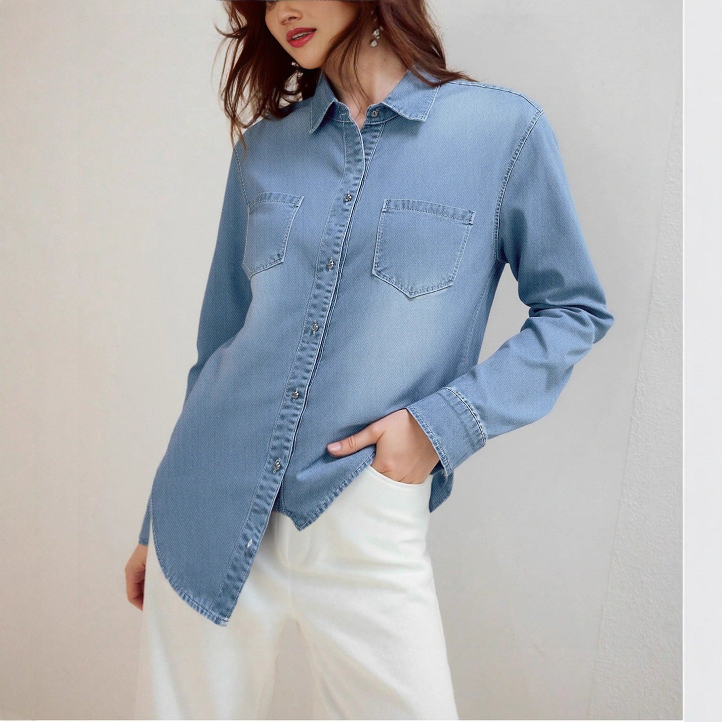 Moderne Denim Skjorte til Den Stilbevidste Kvinde