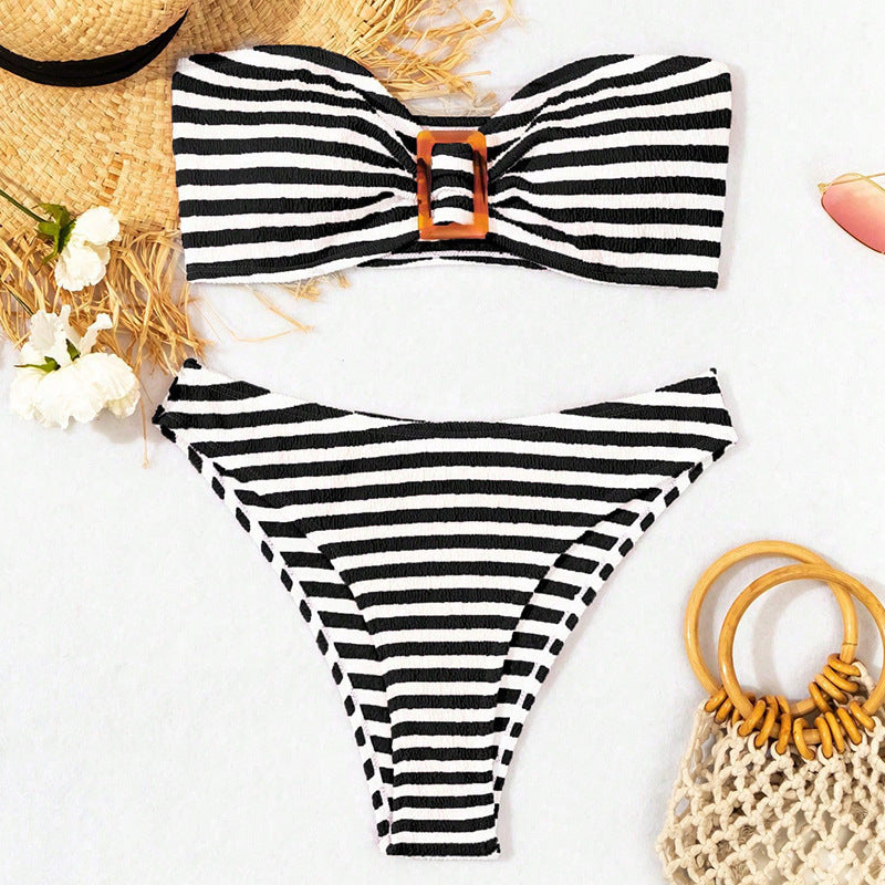 Stilren Bandeau-Bikini med Snygg Knytning och Högskuren Bottom