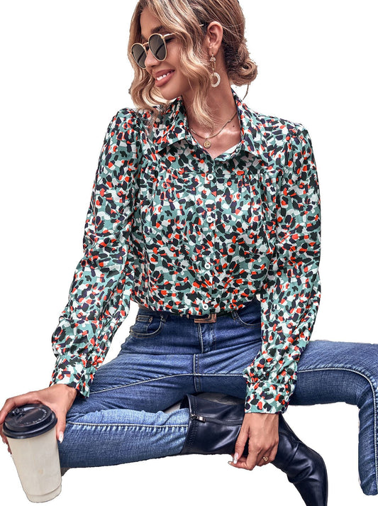Feminin Blus med Blomstertryck och Chict Puffärmar