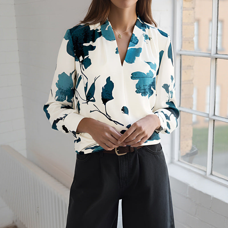 Blomstret Bluse med Moderne Krave til Stilfulde Kvinder