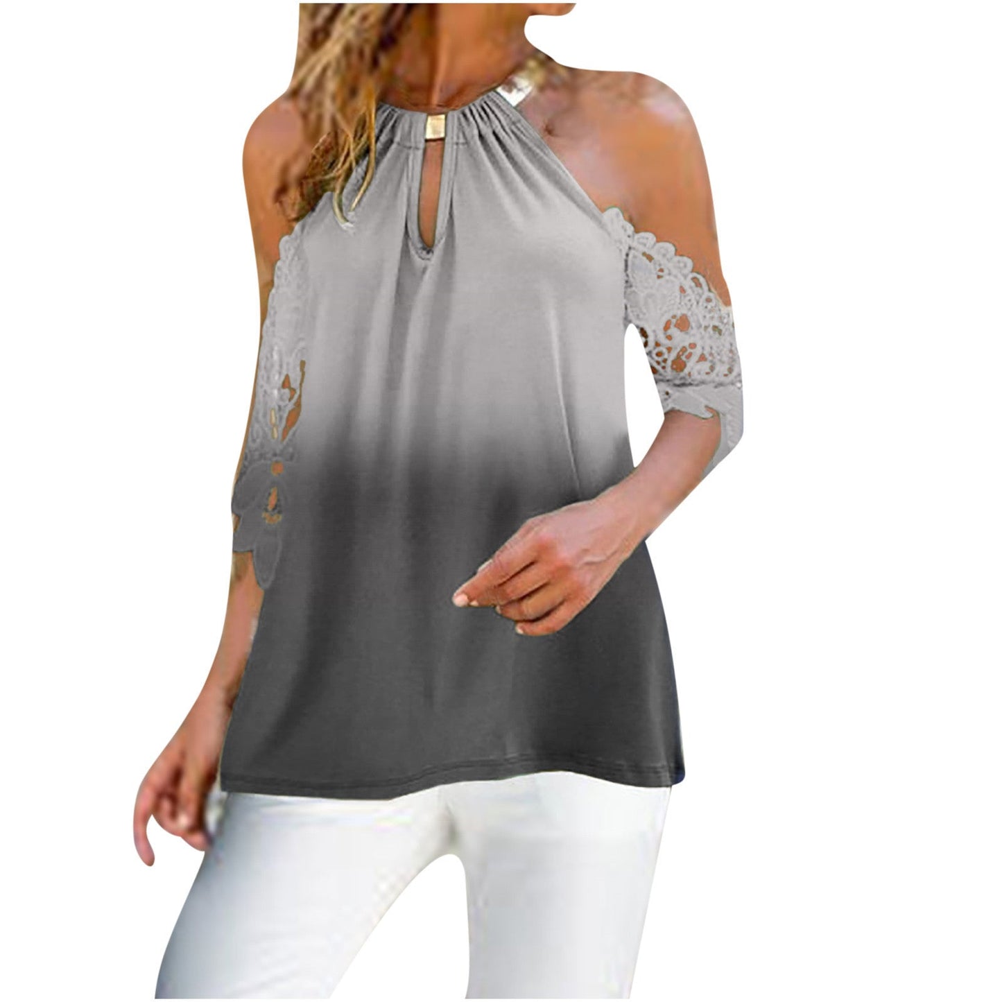 Elegant Bluse med Unikke Udsparinger og Delikat Blonde