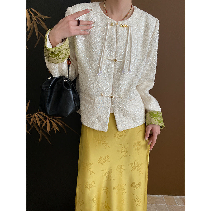 Chic Bouclé-Jacke med Glitrende Detaljer