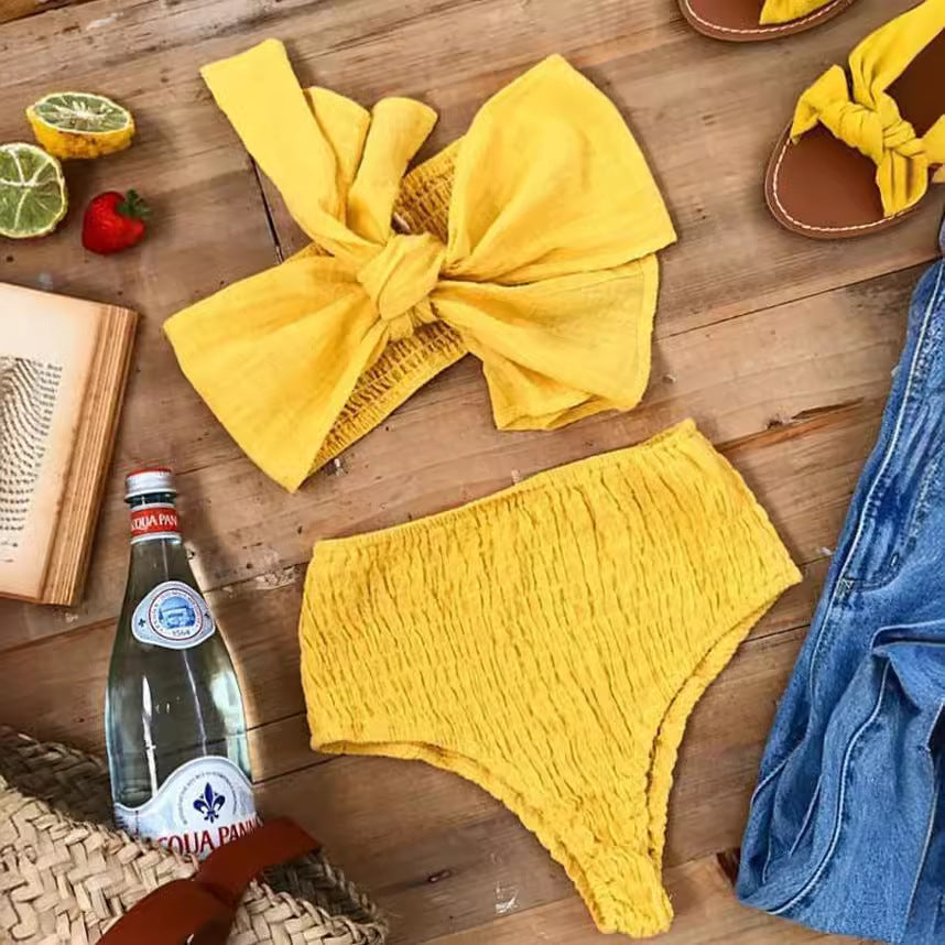Bandeau-bikini för kvinnor med strukturerad textur och bred knutdesign