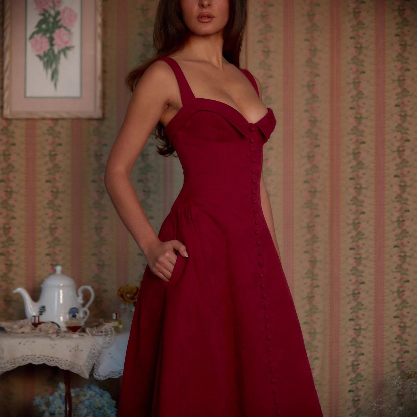 Elegant A-linje Klänning med Bustier-Överdel och Knappdetalj