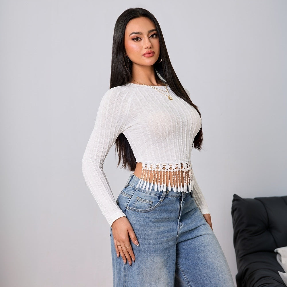 Cropped Langarmbluse med Unikke Frynser i Trendy Design