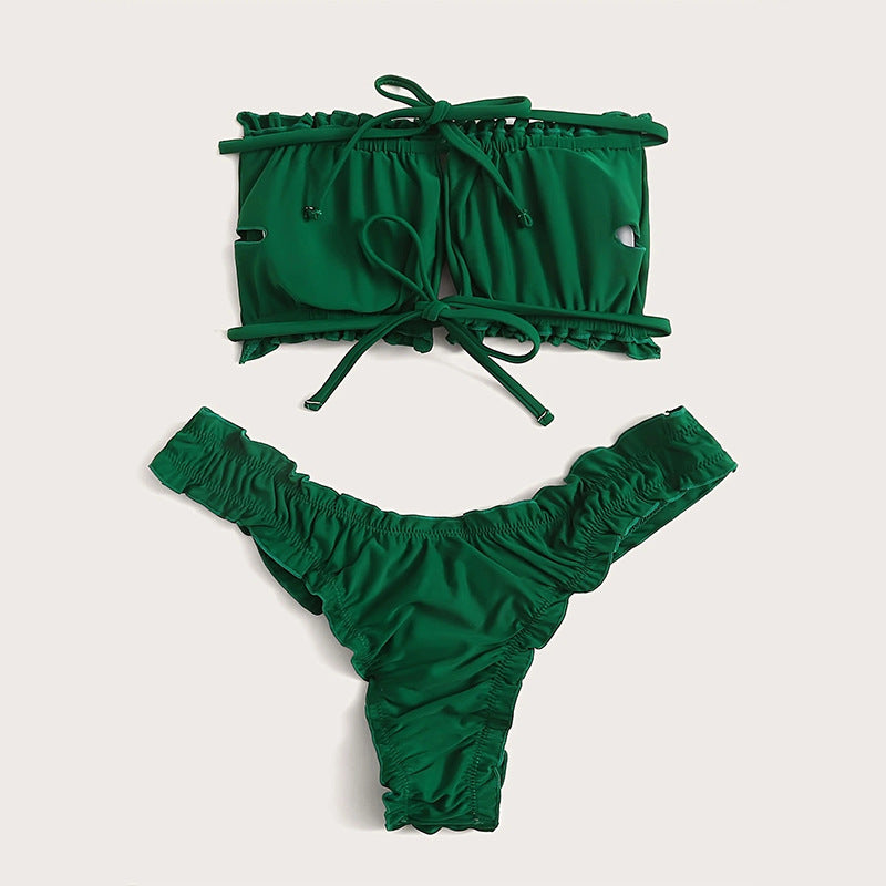 Feminint Bandeau-Bikini med Rynkor och Justerbara Remmar