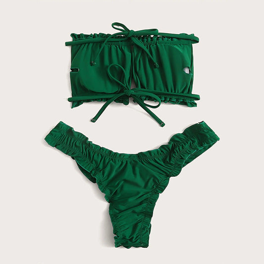 Feminint Bandeau-Bikini med Rynkor och Justerbara Remmar