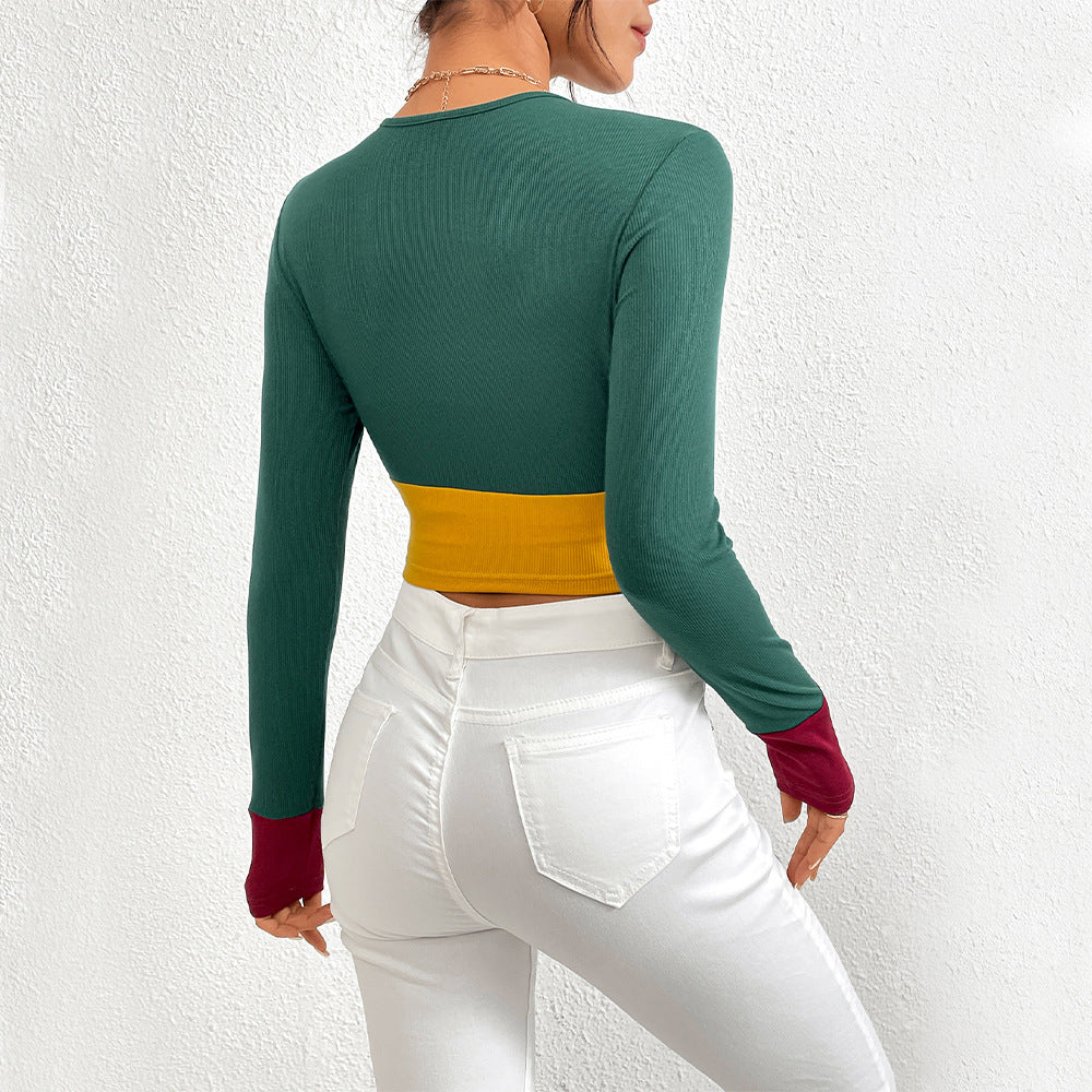 Stilfuldt Farveblok Crop-Top med Lange Ærmer