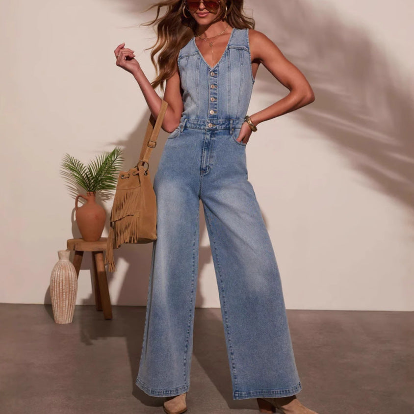 Elegant Denim-Jumpsuit med Høj Talje og Unikke Knapdetaljer