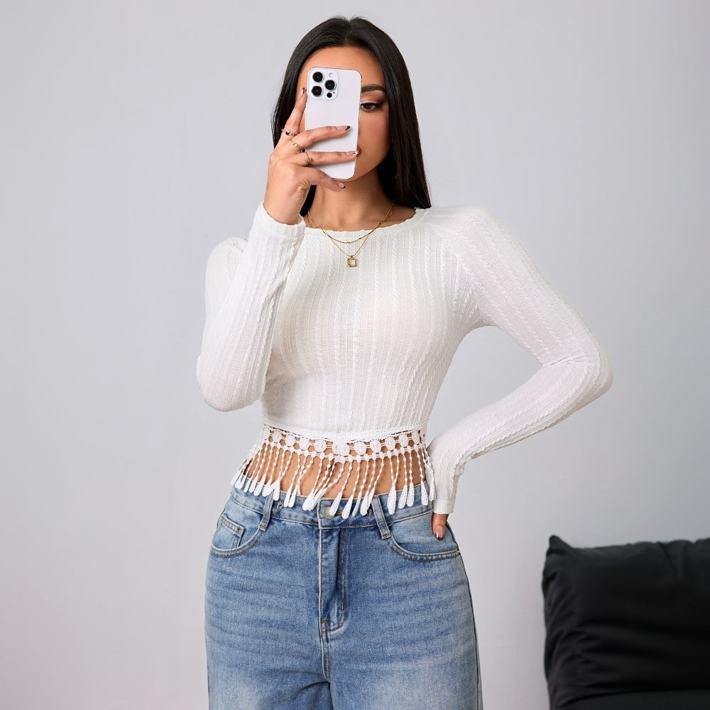 Cropped Langarmbluse med Unikke Frynser i Trendy Design