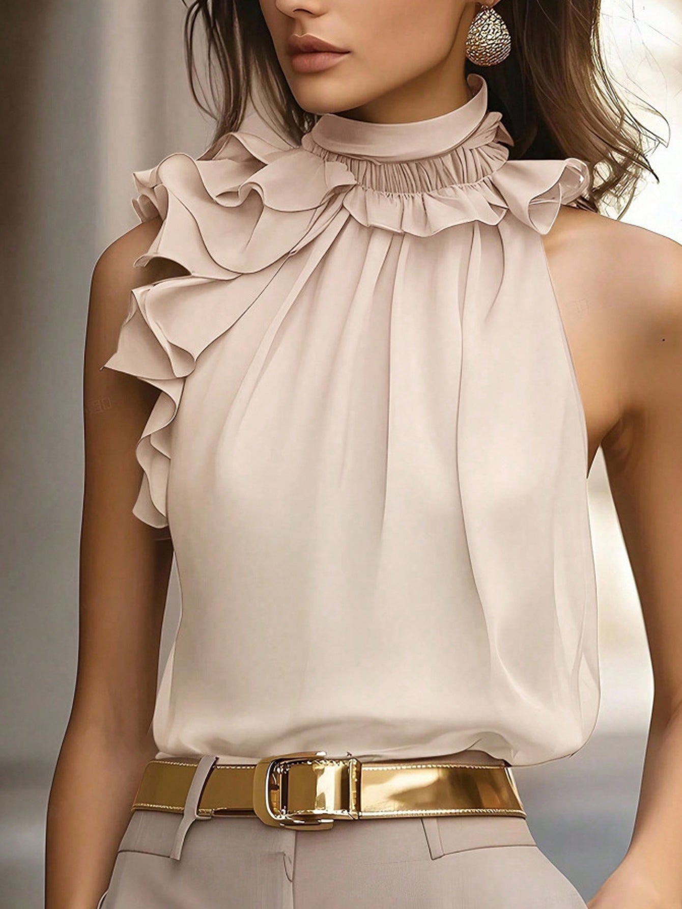 Feminine Bluse med Ruffles og Høj Krave