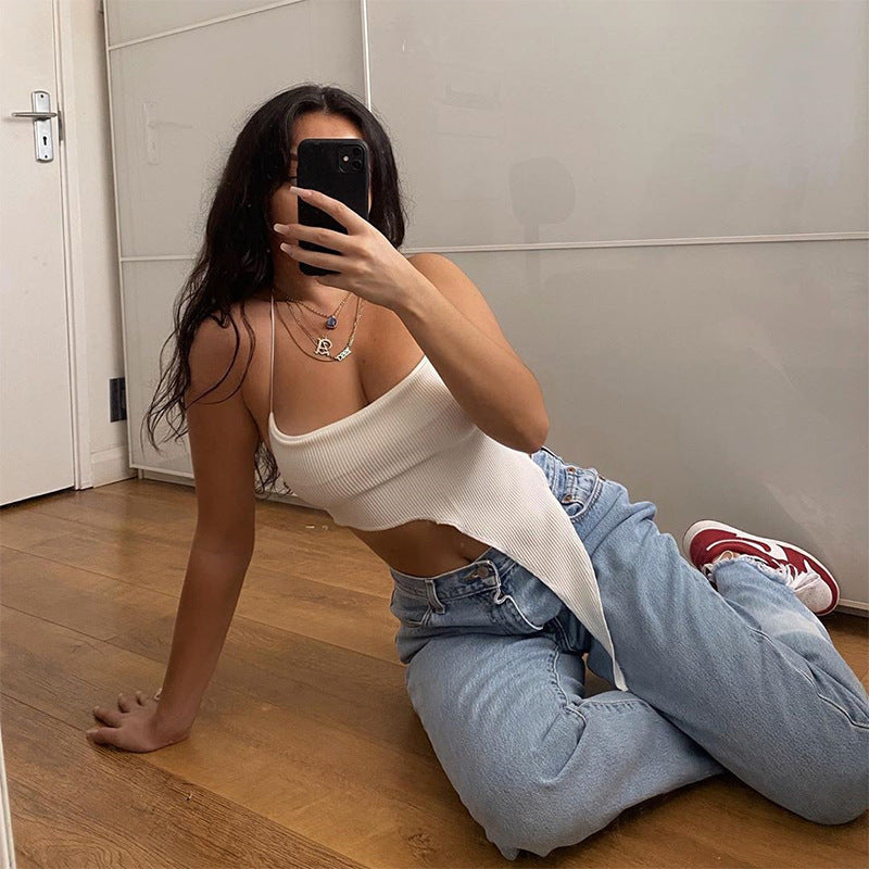 Asymmetriskt Crop-Top för kvinnor med elegant ribbat mönster