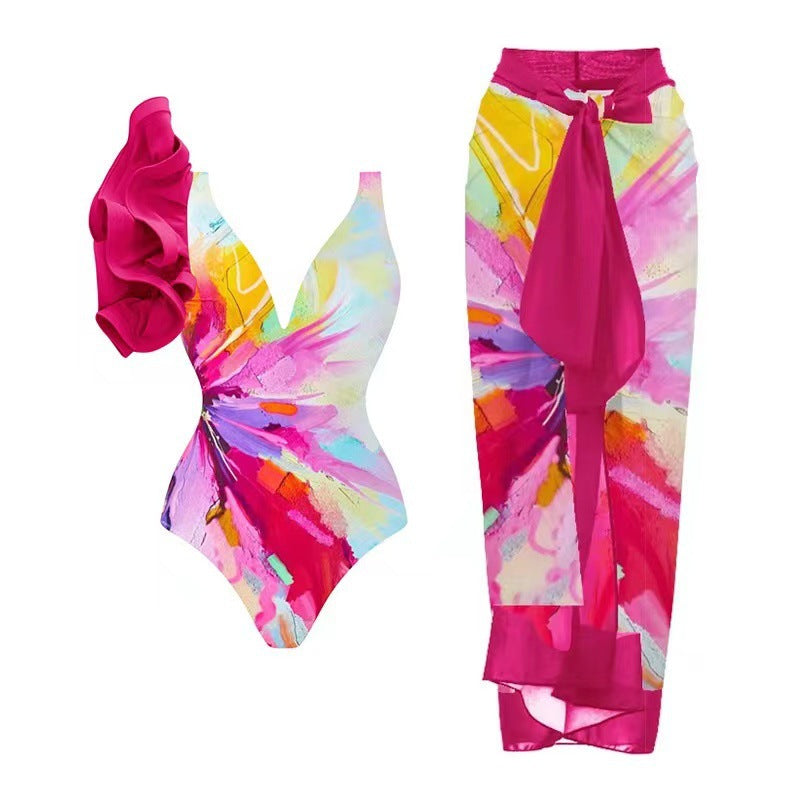 Kvinnors Baddräktset med Blommigt Mönster och Chic Sarong