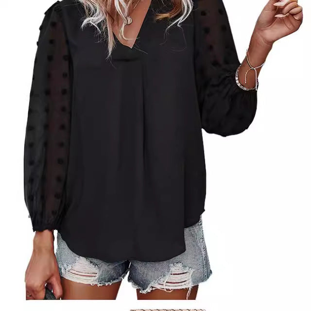 Elegant Bluse med Gennemsigtige Puffærmer og Prikket Design