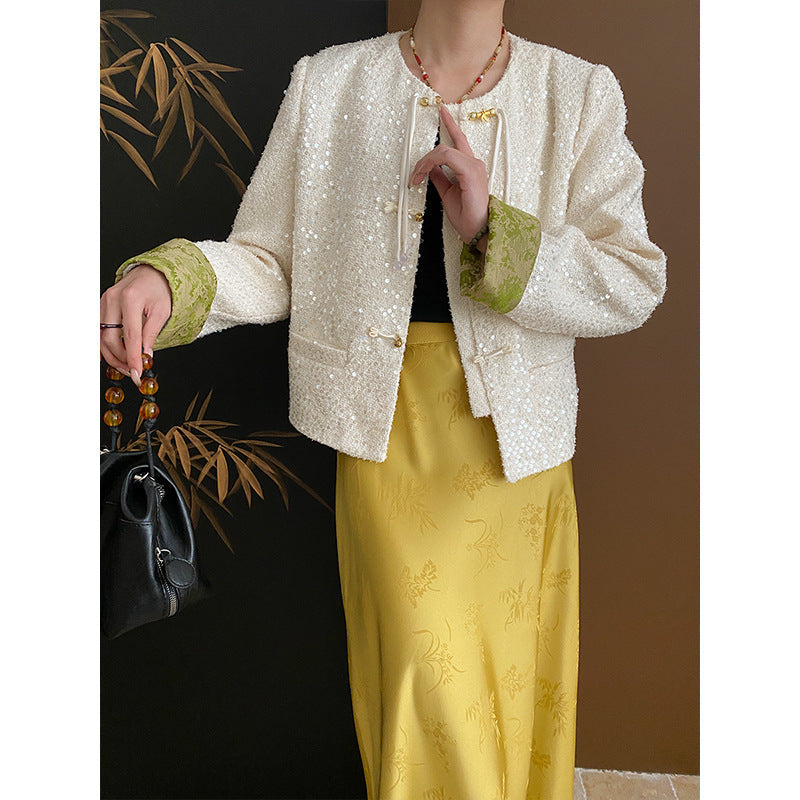 Chic Bouclé-Jacke med Glitrende Detaljer