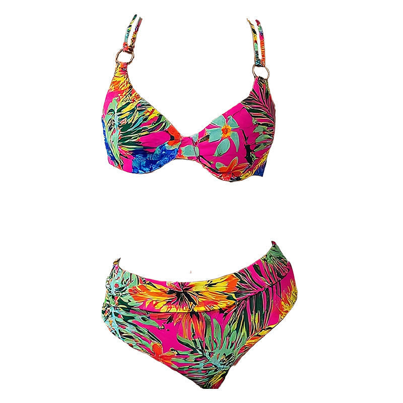 Kvinnligt Bikiniset med Blommönster och Ringdetaljer
