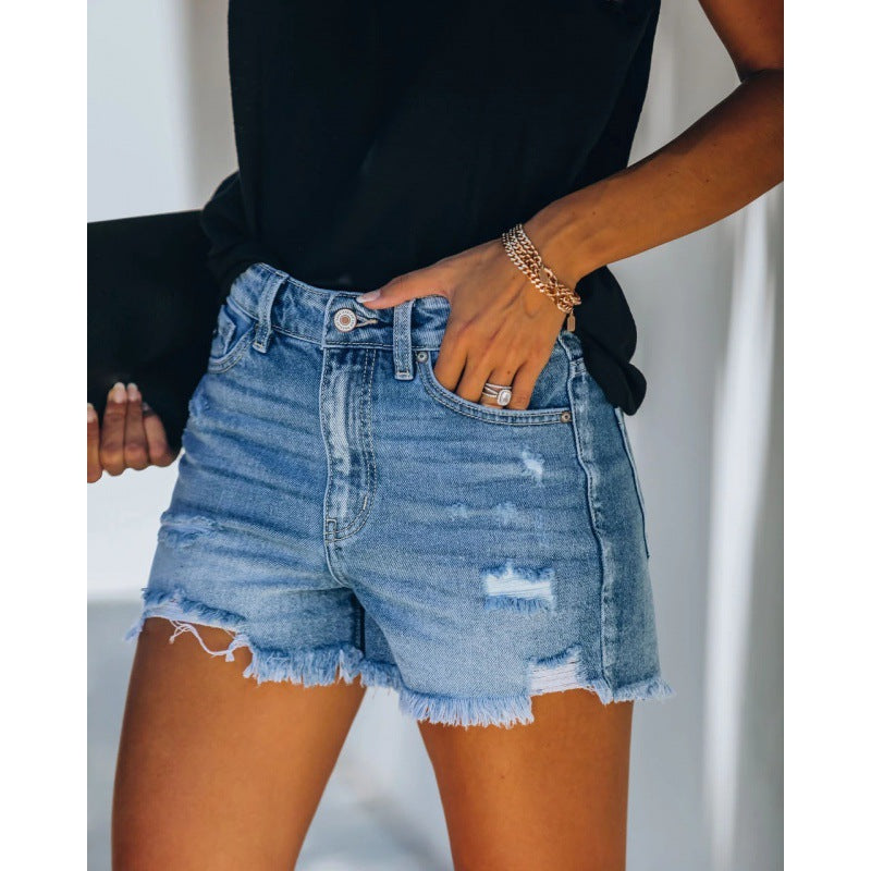 Kvinders Slidt Jeansshorts med Høj Talje og Flæset Kant