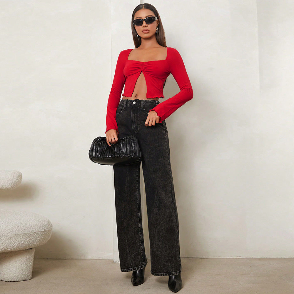 Chic Crop-Bluse med Elegant Drapering og Långa Ærmer