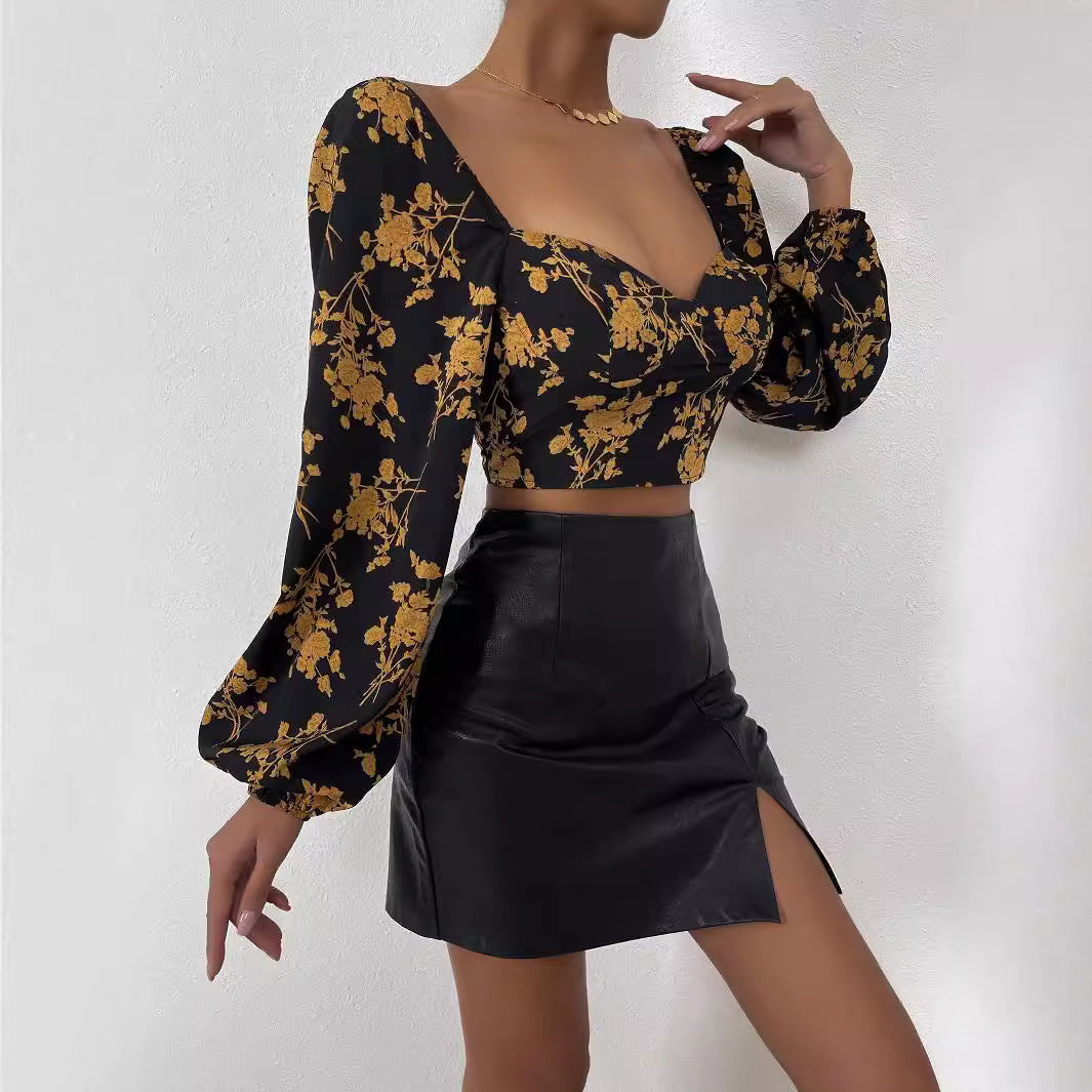 Blomstrende Crop-Top med Puffærmer til Den Stilfulde Kvinde