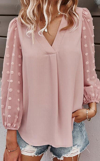 Elegant Bluse med Gennemsigtige Puffærmer og Prikket Design