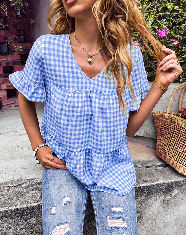 Feminine Bluse med V-Hals og Flæseærmer