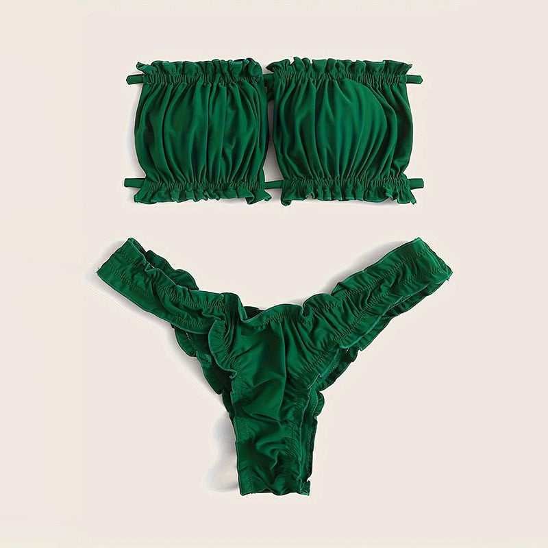 Feminint Bandeau-Bikini med Rynkor och Justerbara Remmar