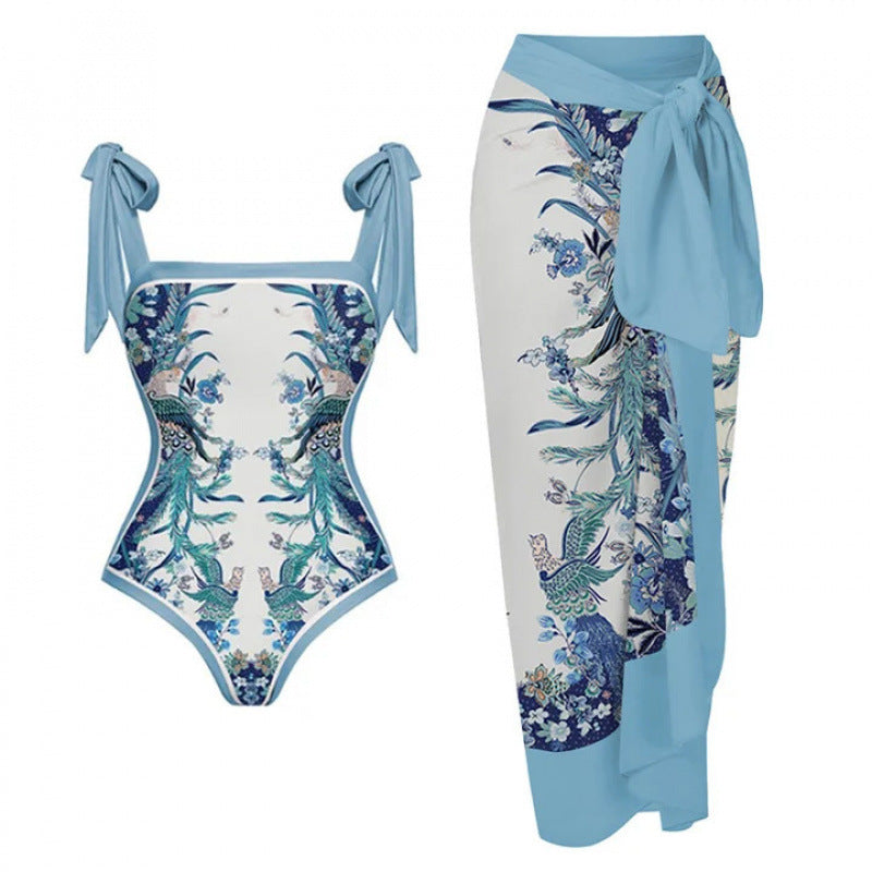 Elegant Baddräktset med Blommönster och Matchande Strandbyxor