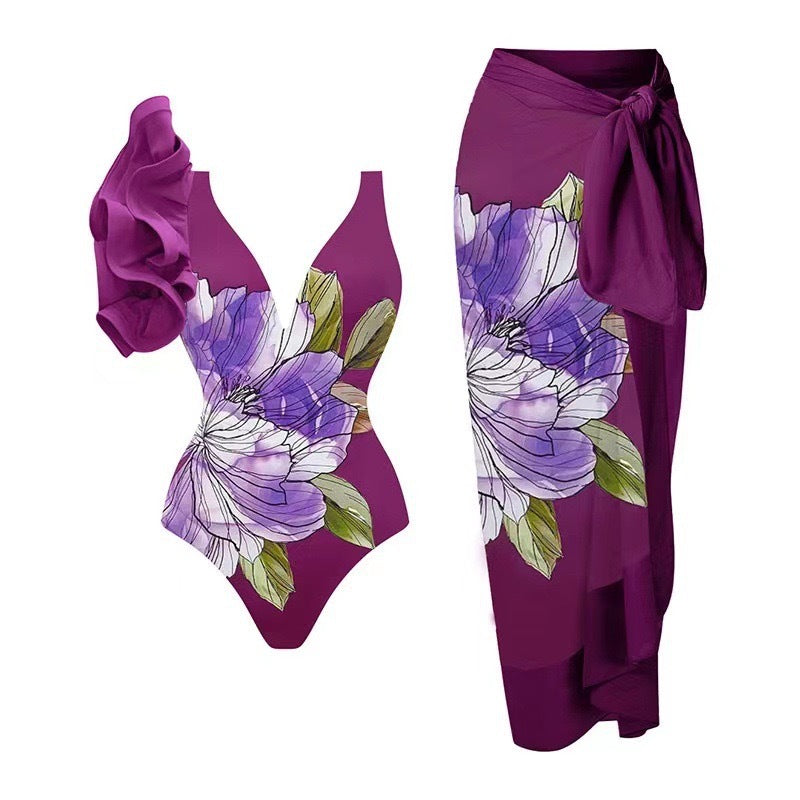 Kvinnors Baddräktset med Blommigt Mönster och Chic Sarong