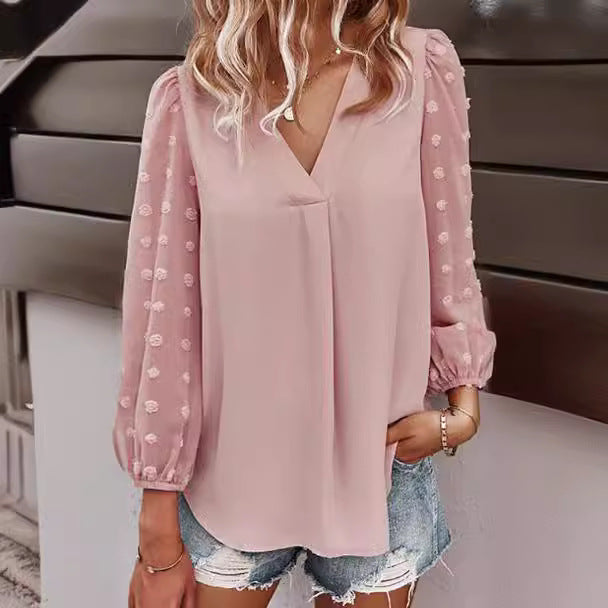 Elegant Bluse med Gennemsigtige Puffærmer og Prikket Design