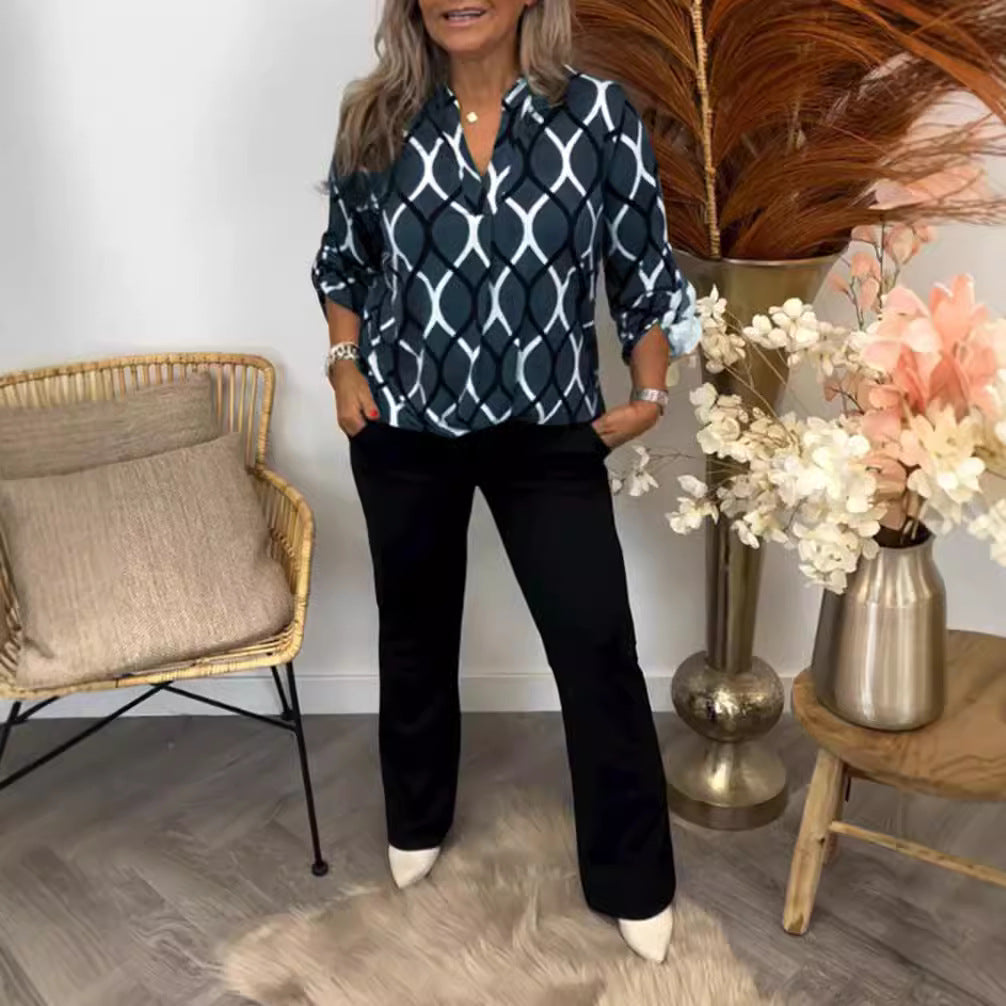Elegante Bluse med grafisk design og praktiske lommer