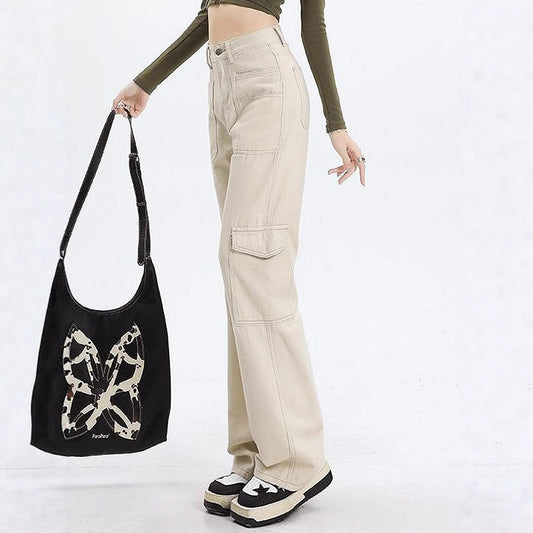 Moderna cargojeans för damer med hög midja och funktionella fickor