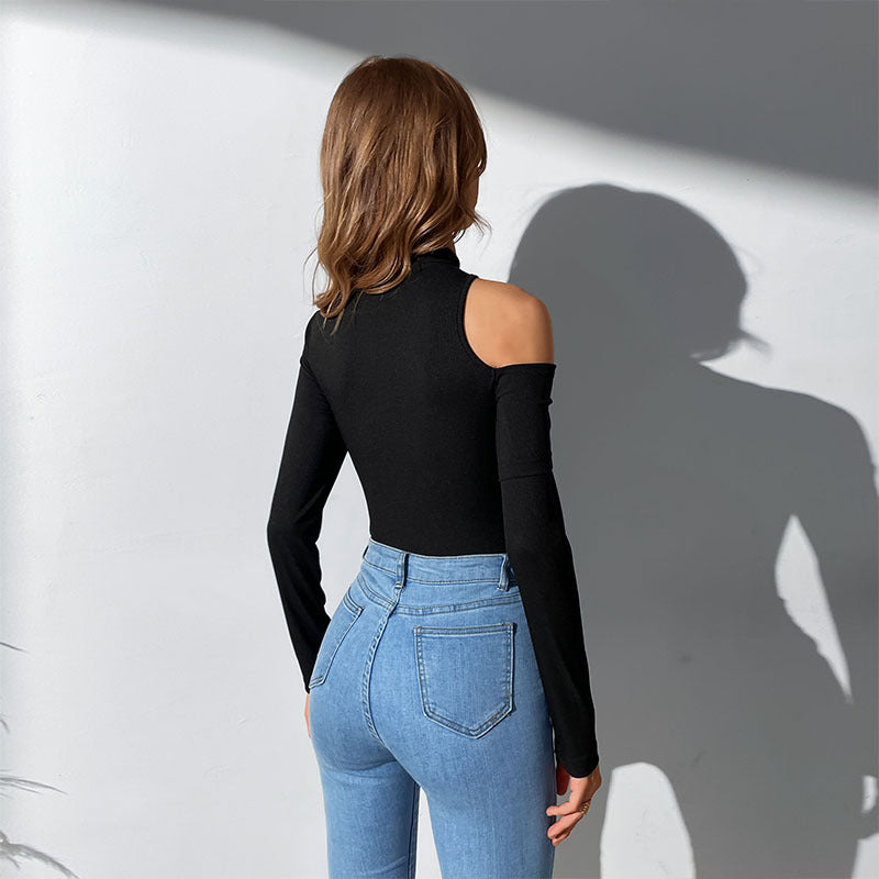 Asymmetrisk Én-Skulder Bodysuit med Lange Ærmer – Chic og Elegant
