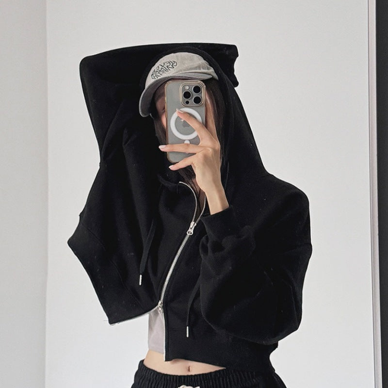 Modern cropped huvtröja för kvinnor med dragkedja och elastiska muddar