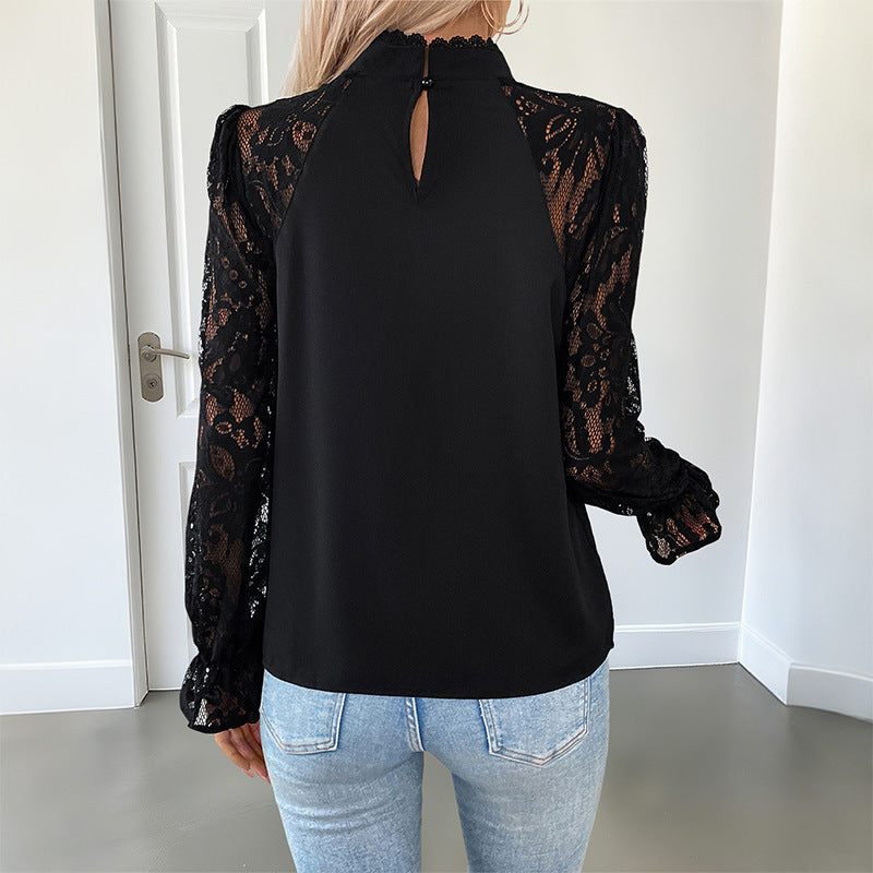Elegant Bluse med Spidsærmer og Høj Krave
