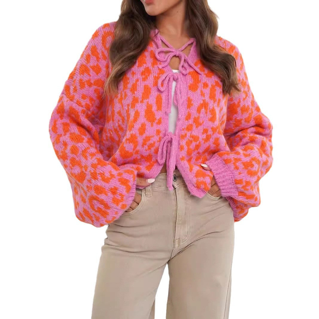 Elegant Cardigan med Dyreprint og Slidser i Bindebånd