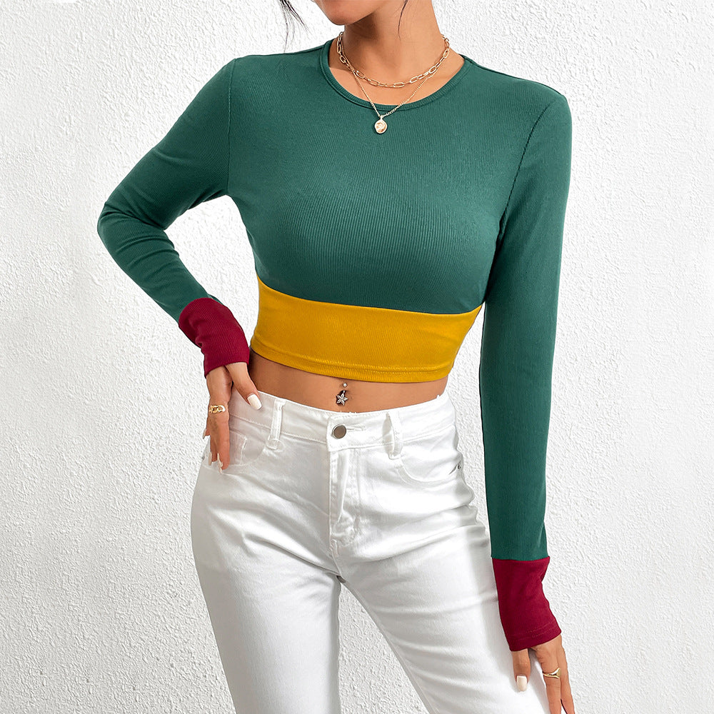 Stilfuldt Farveblok Crop-Top med Lange Ærmer