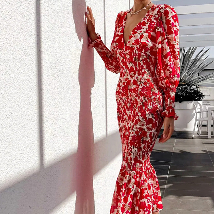 Feminint Bodycon Kjole med Volangkant og Blomsterprint